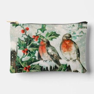 Vintage-Weihnachtskarte mit Rotkehlchen, Stechpalm Zubehörtasche