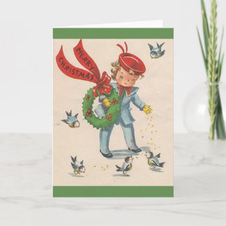 Vintage-Weihnachtskarte mit Vögel füttern Feiertagskarte