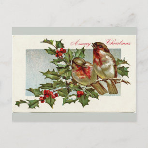 Vintage-Weihnachtskarte mit Vögeln und Holly-Grau Feiertagspostkarte