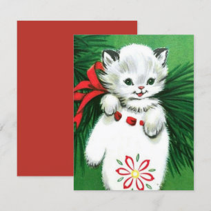 Vintage-Weihnachtskarte mit weißer Katze in einer Feiertagskarte