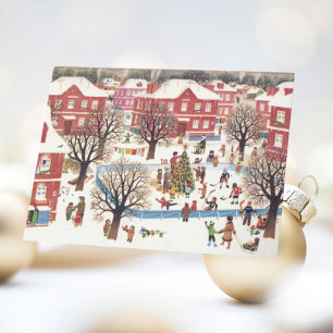 Vintage-Weihnachtskarte Retro-schneebedecktes Dorf Feiertagskarte