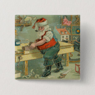 Vintage-Weihnachtskarte - Santa in seiner Werkstat Button