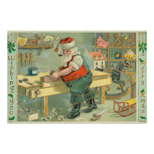 Vintage-Weihnachtskarte - Santa in seiner Werkstat Fotodruck