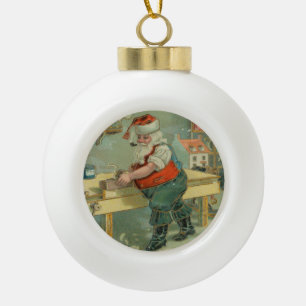 Vintage-Weihnachtskarte - Santa in seiner Werkstat Keramik Kugel-Ornament