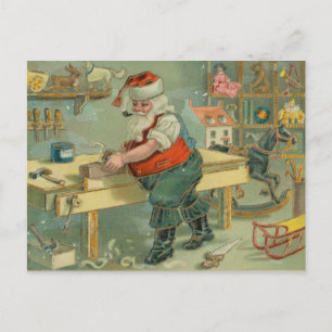 Vintage-Weihnachtskarte - Santa in seiner Werkstat Postkarte