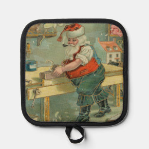 Vintage-Weihnachtskarte - Santa in seiner Werkstat Topflappen