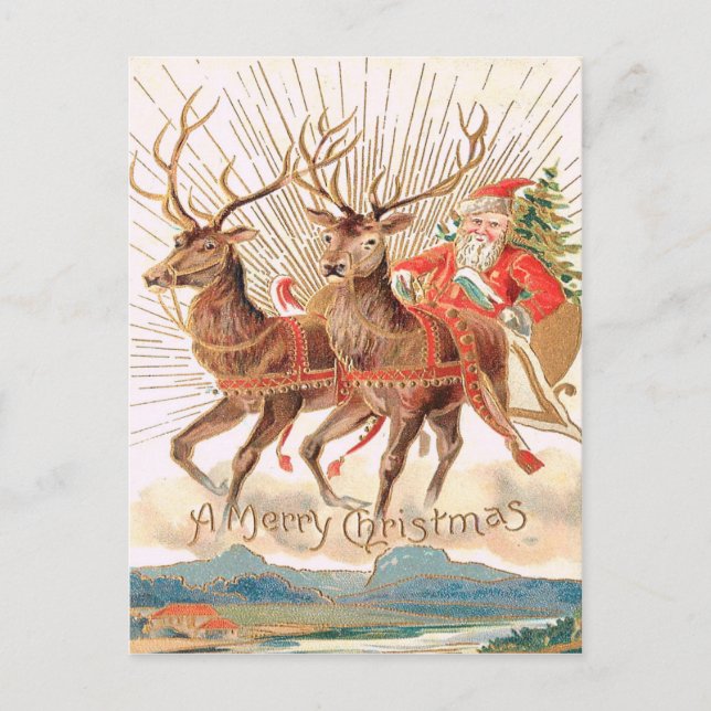 Vintage Weihnachtskarte Santa Reindeer Postkarte (Vorderseite)