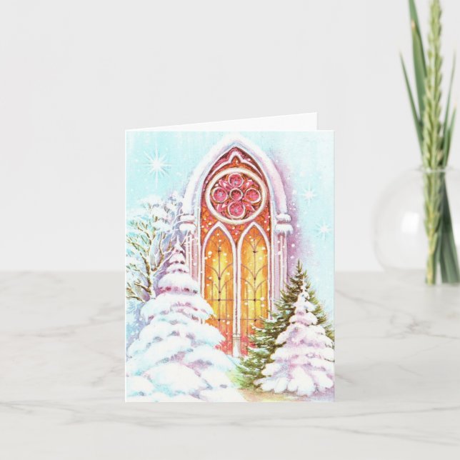 Vintage Weihnachtskarte Snowy Church Karte (Vorderseite)