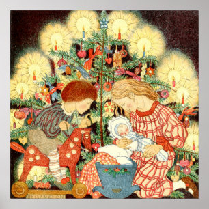 Vintage-Weihnachtskarte   Weihnachtsbaum Kinder Poster