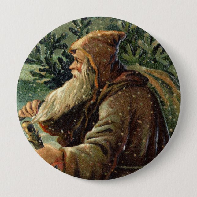 Vintage Weihnachtskarte, Weihnachtsmann und Baum Button (Vorderseite)