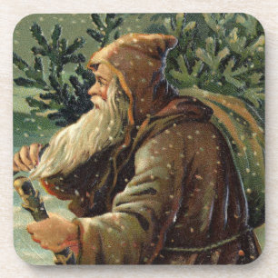 Vintage-Weihnachtskarte, Weihnachtsmann und Baum Getränkeuntersetzer