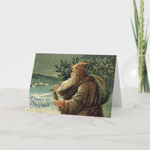 Vintage-Weihnachtskarte, Weihnachtsmann und Baum Karte