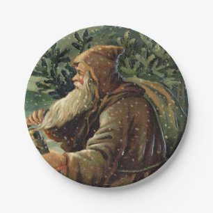 =Vintage Weihnachtskarte, Weihnachtsmann und Baum Pappteller