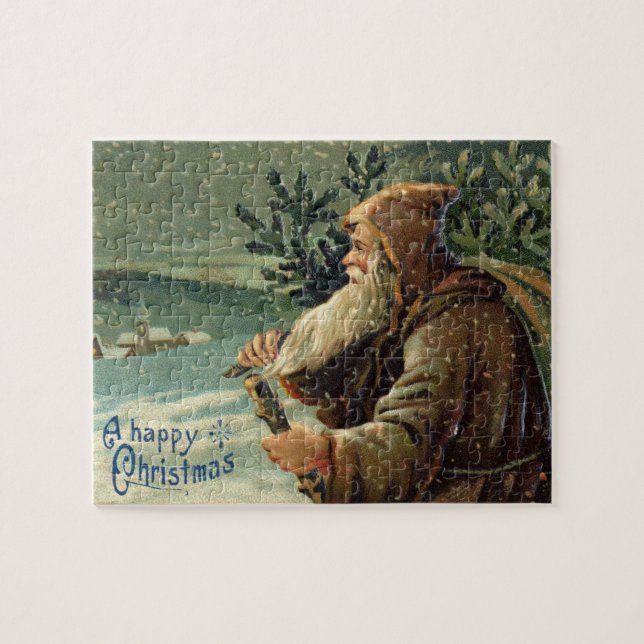 Vintage-Weihnachtskarte, Weihnachtsmann und Baum Puzzle (Horizontal)