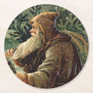 Vintage-Weihnachtskarte, Weihnachtsmann und Baum Runder Pappuntersetzer