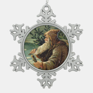 =Vintage Weihnachtskarte, Weihnachtsmann und Baum Schneeflocken Zinn-Ornament