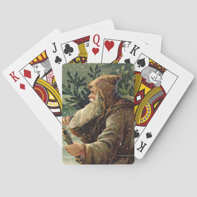 Vintage-Weihnachtskarte, Weihnachtsmann und Baum Spielkarten (Rückseite)