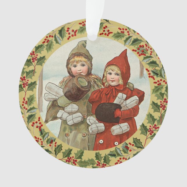 Vintage-Weihnachtskartenmotiv mit zwei Mädchen   Ornament (Vorderseite)