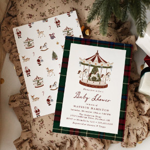 Vintage-Weihnachtskarussell-Tartan-Baby-Party Einladung