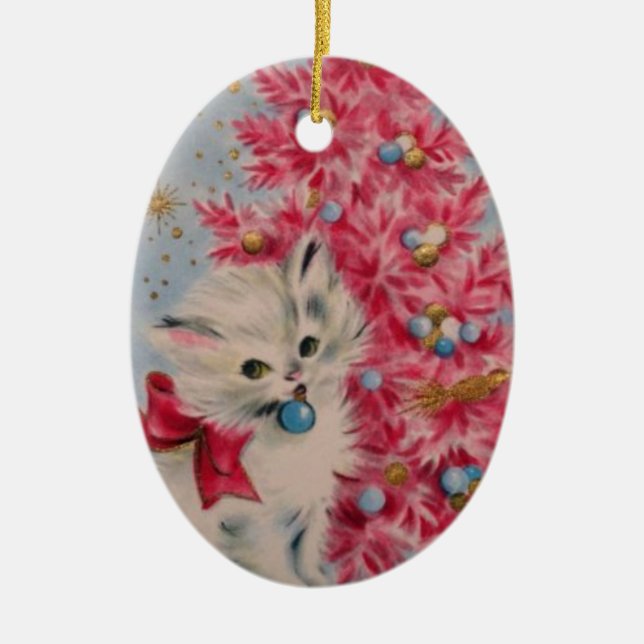 Vintage Weihnachtskatze 1940 Keramikornament (Vorne)