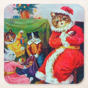 Vintage Weihnachtskatze, Louis Wain Rechteckiger Pappuntersetzer