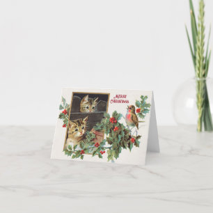 Vintage Weihnachtskatzen und Vogelschreie Feiertagskarte