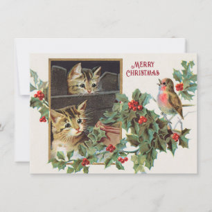 Vintage Weihnachtskatzen und Vogelschreie Feiertagskarte
