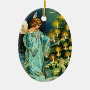 Vintage Weihnachtskerzen auf Baum mit Engel Keramik Ornament