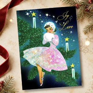 Vintage-Weihnachtskerzen-Mädchen irisierender Glit Dankeskarte