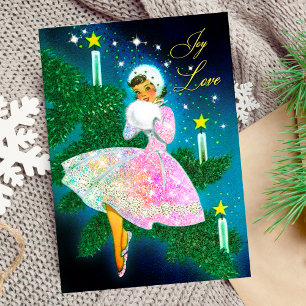 Vintage-Weihnachtskerzen-Mädchen irisierender Glit Einladung