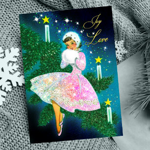 Vintage-Weihnachtskerzen-Mädchen irisierender Glit Feiertagskarte