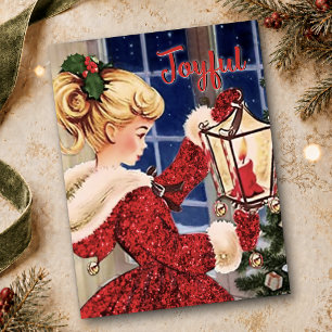 Vintage-Weihnachtskerzenlampe rot glitzerndes Mädc Postkarte