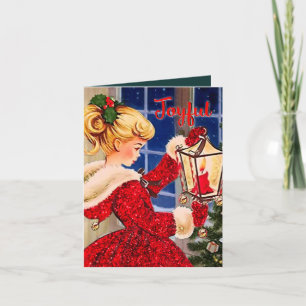 Vintage Weihnachtskerzenleuchte Roter Glitzer Mädc Einladung
