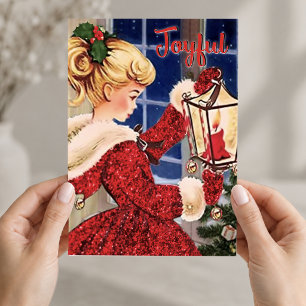 Vintage Weihnachtskerzenleuchte Roter Glitzer Mädc Einladung