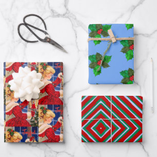 Vintage Weihnachtskerzenleuchte Roter Glitzer Mädc Geschenkpapier Set
