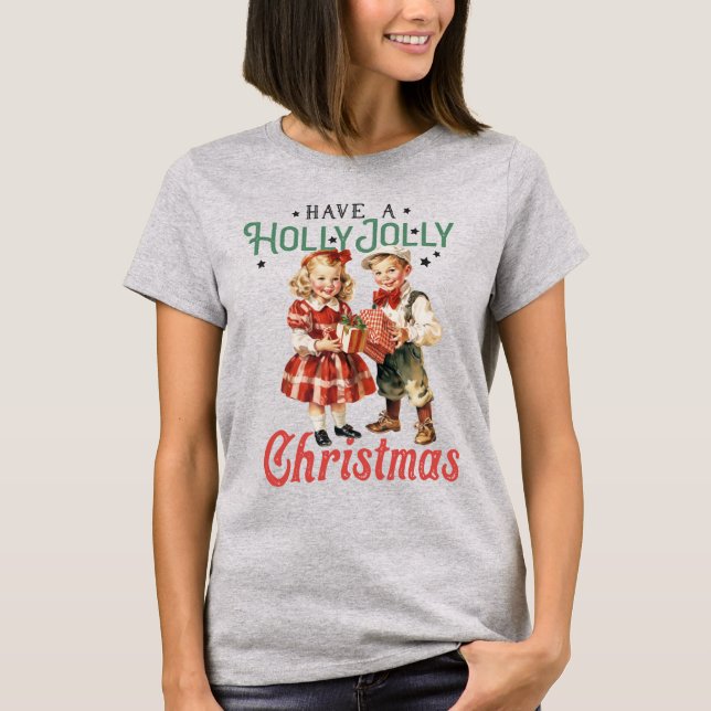 Vintage Weihnachtskinder Holly Jolly T-Shirt (Vorderseite)