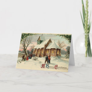 Vintage-Weihnachtskirche Kirchgänger bei der Frühm Feiertagskarte