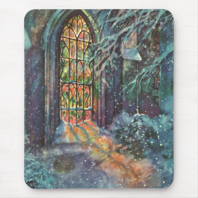 Vintage-Weihnachtskirche mit Bleiglasfenster Mousepad (Vorne)