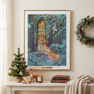 Vintage-Weihnachtskirche mit Bleiglasfenster Poster