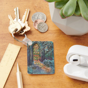 Vintage‑Weihnachtskirche mit Buntglasfenster Schlüsselanhänger