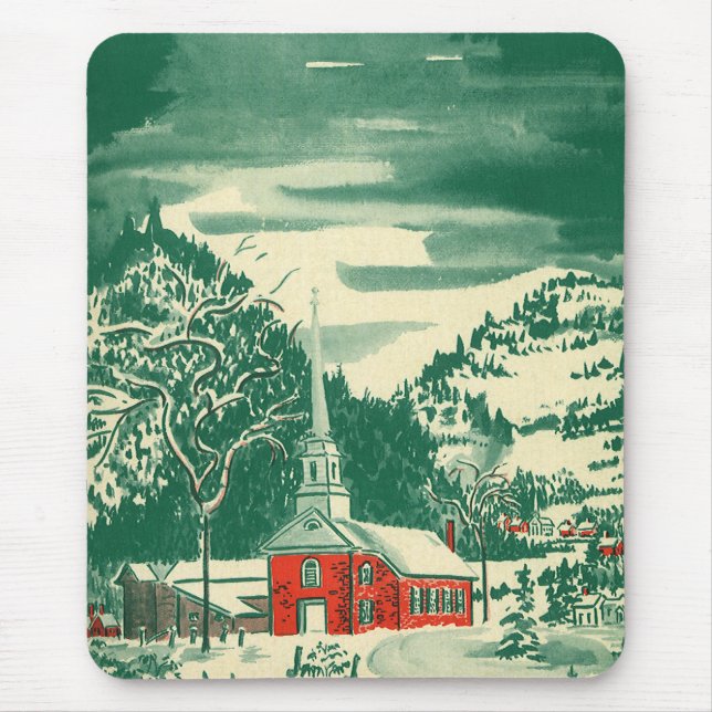 Vintage-Weihnachtskirche, Schneelandschaft im Wint Mousepad (Vorne)