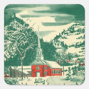 Vintage Weihnachtskirche, Schneelandschaft im Wint Quadratischer Aufkleber