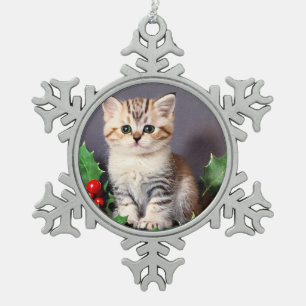 Vintage-Weihnachtskitten und Stechpalme Schneeflocken Zinn-Ornament