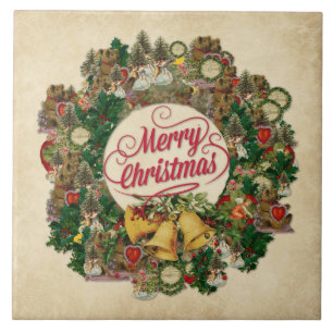 Vintage-Weihnachtskranz (Frohe Weihnachten) Fliese
