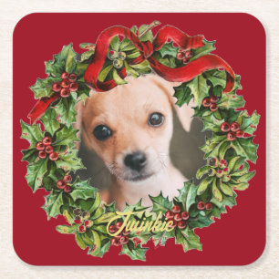 Vintage-Weihnachtskranz Haustierfoto individuell K Rechteckiger Pappuntersetzer