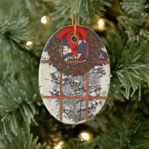 Vintage-Weihnachtskranz in einem Fenster mit Schne Keramikornament
