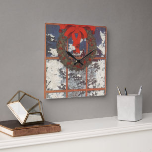 Vintage-Weihnachtskranz in einem Fenster mit Schne Quadratische Wanduhr