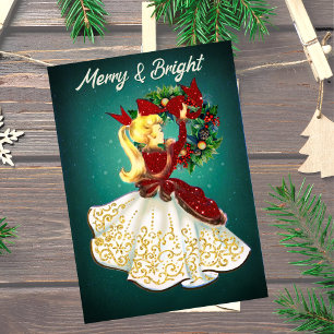 Vintage-Weihnachtskranz rot gold glitzer Mädchen Feiertagskarte