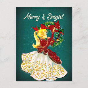 Vintage-Weihnachtskranz rot gold glitzer Mädchen Postkarte