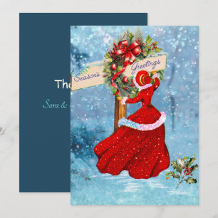 Vintage Weihnachtskranz Rotes Glitzer Mädchen Dankeskarte